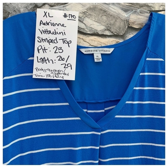 #170 Adrienne Vittadini High Low V-Neck Blue White Striped Blouse Shirt Top XL - Picture 2 of 2